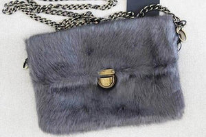 641D GREY -Messenger Faux Fur Fanny Pack - With Antique Gold Chain Strap - Perception0one.com