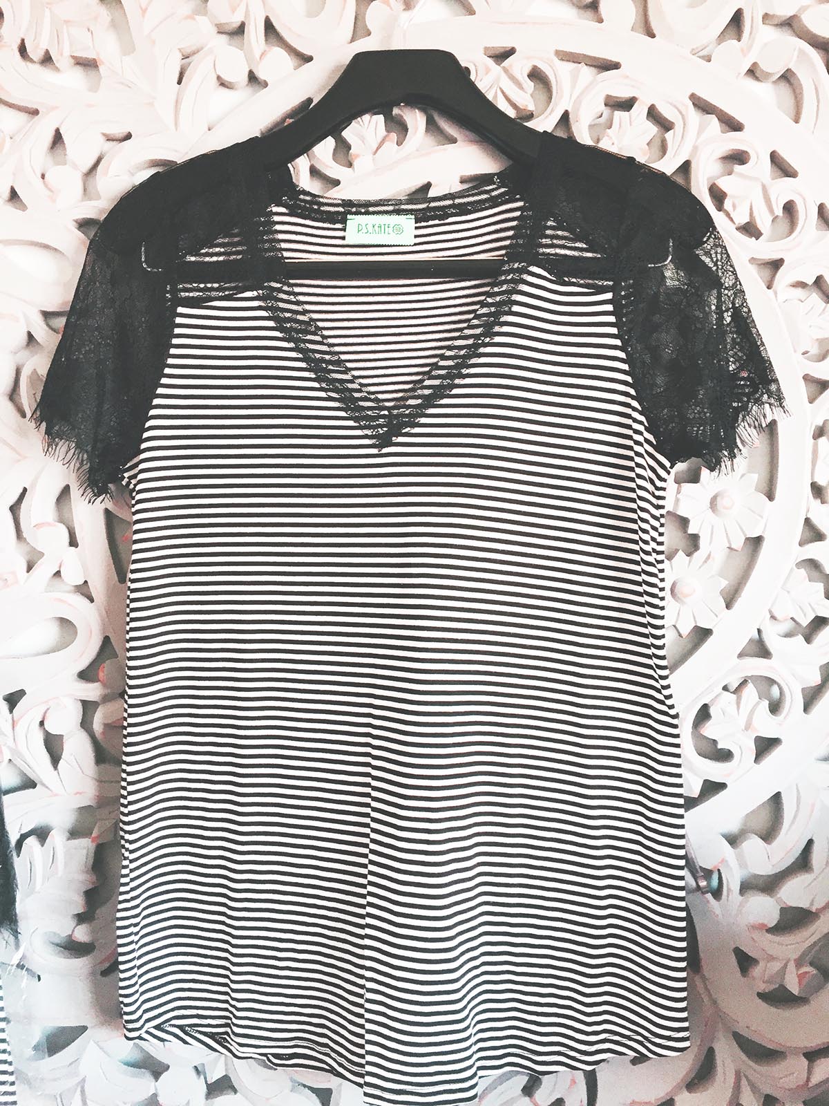 429 Black-  Lace & Striped Soft Vee Neck Tee - Perception0one.com