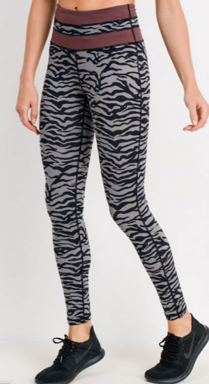 379 Grey -  Zebra Print W/ Burg Trim Legging - Perception0one.com