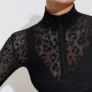 670 Black - Leopard Mesh 3/4 Zip Cropped Top and Tight  - (2 piece Set) - Perception0one.com