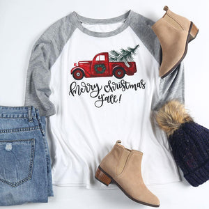 447B White -  Merry Christmas Y'All Truck T Shirt - Baseball Sleeve - Perception0one.com