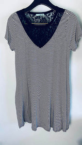 503 Black -  Striped A-Line Tee Shirt Dress  with Lace Yoke- (short sleeves and side seam pockets) - Perception0one.com