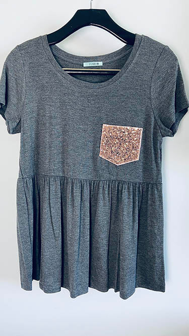 395 Grey - Heathered Short Sleeve Baby Doll Sparkle Tee - (Copper Sequin Pocket) - Perception0one.com
