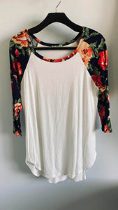 363 Navy -  Floral Baseball Tee - (Ivory Body / Navy Floral Sleeve) Buttery Soft - Perception0one.com